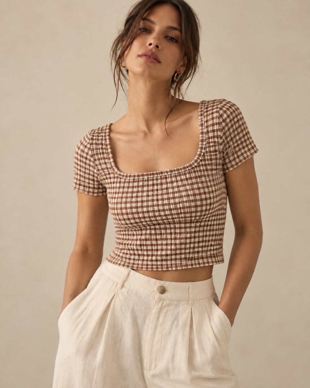 Aritzia Wilfred Yacht Seersucker Square Neck Crop Top Brown Medium